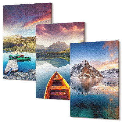 Sada 3 obrazů Klidná jezera s horskou scenérií a lodí