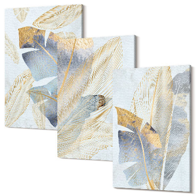 Sada obrazů triptych Listy v odstínech modré a béžové na světlém pozadí