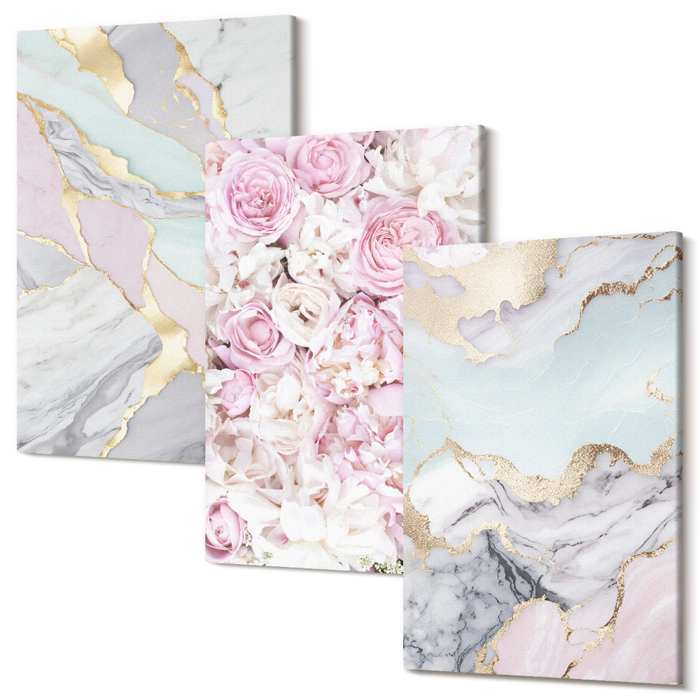 Sada 3 obrazů Růžové květy s mramorovými a pastelovými vzory