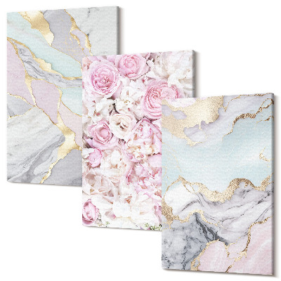 Sada 3 obrazů Růžové květy s mramorovými a pastelovými vzory