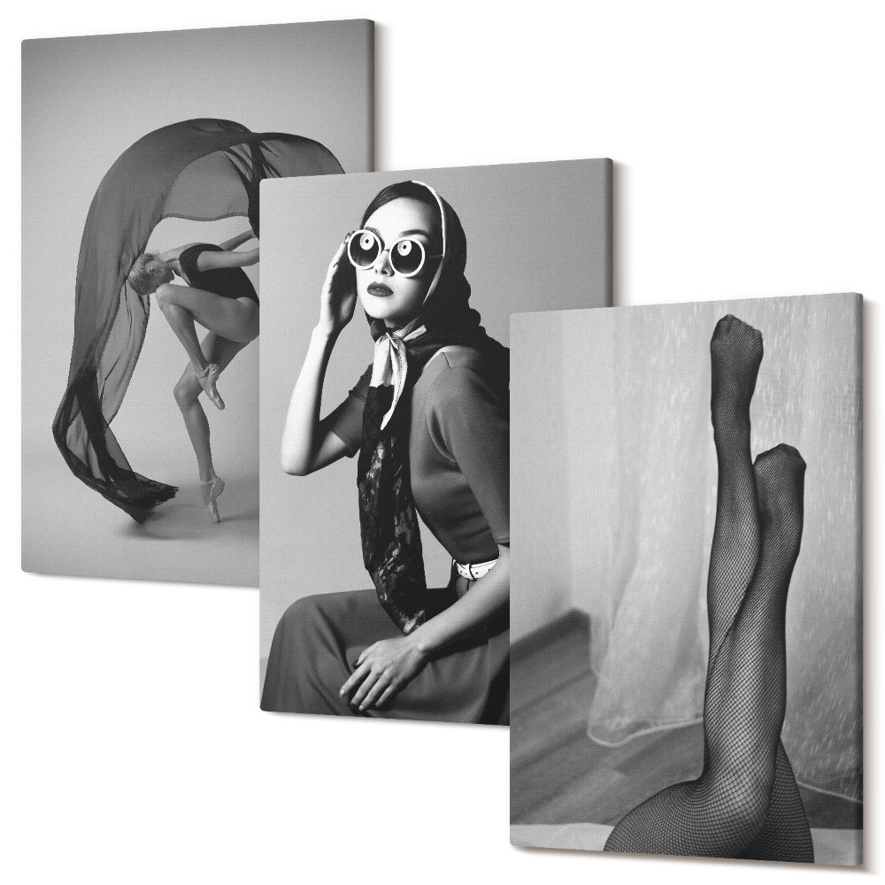 Sada 3 obrazů Stylové černobílé portréty žen v elegantních pózách