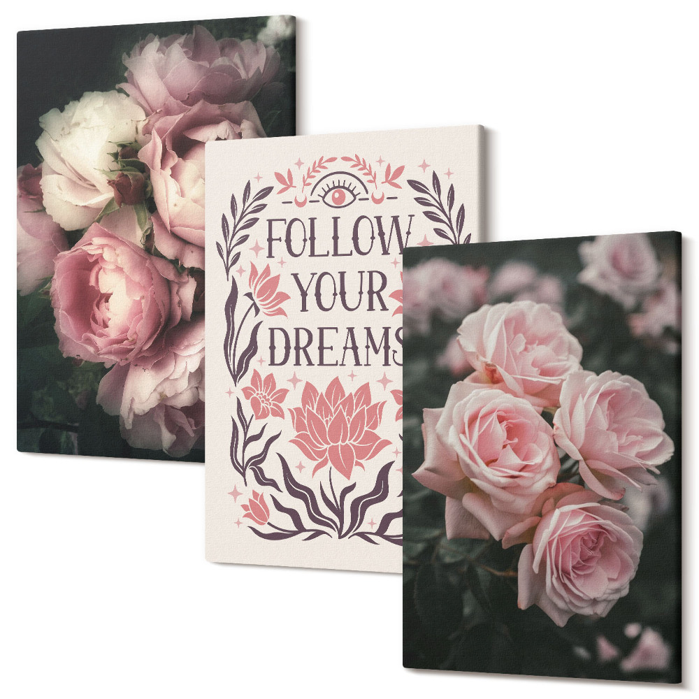 Sada obrazů na zeď triptych Vintage růže s nápisem o snech