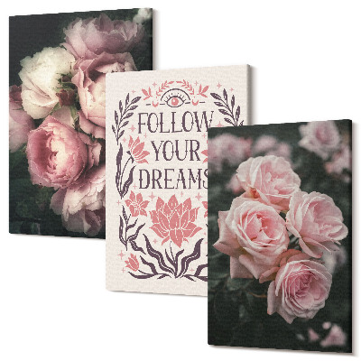 Sada obrazů na zeď triptych Vintage růže s nápisem o snech