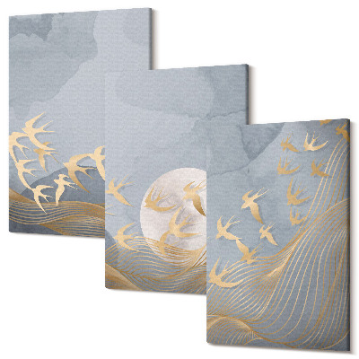 Sada obrazů na zeď triptych Ptáci v letu proti obloze a měsíci