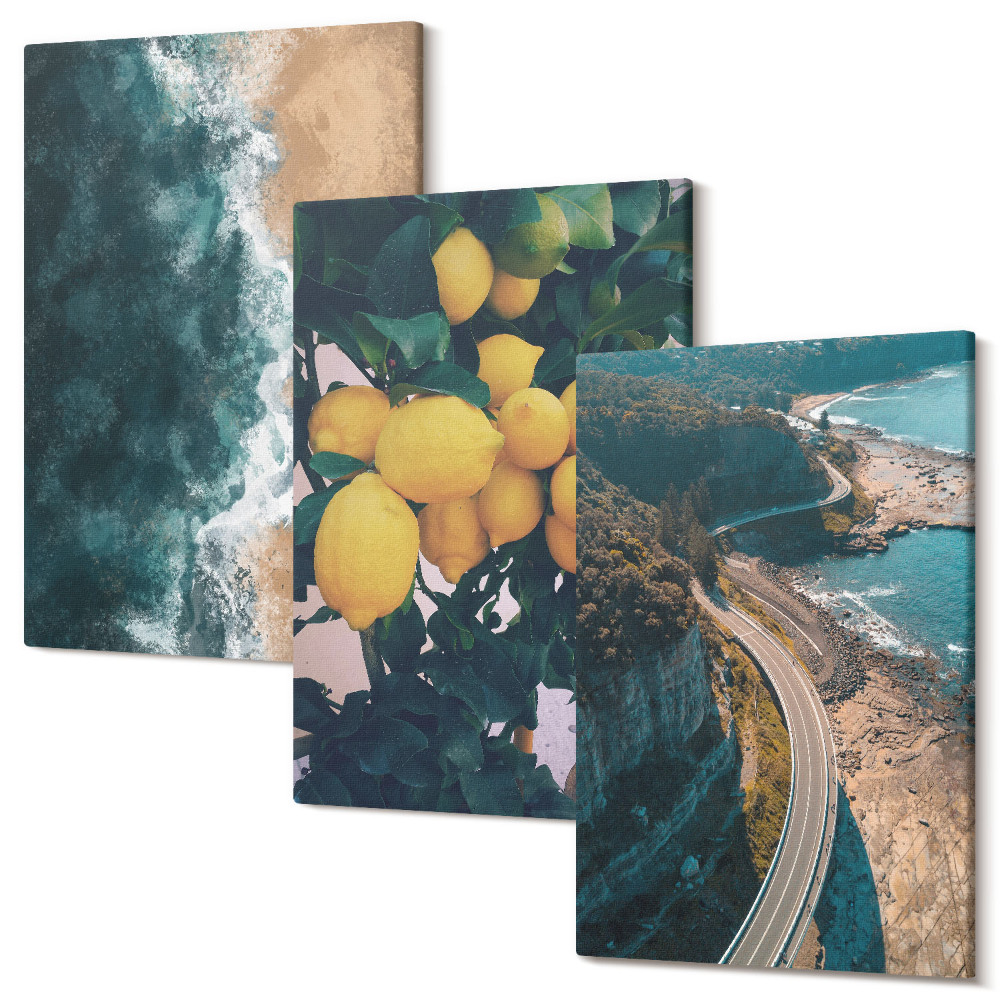 Sada 3 obrazů Mořská pláž citrony horská krajina pobřežní silnice