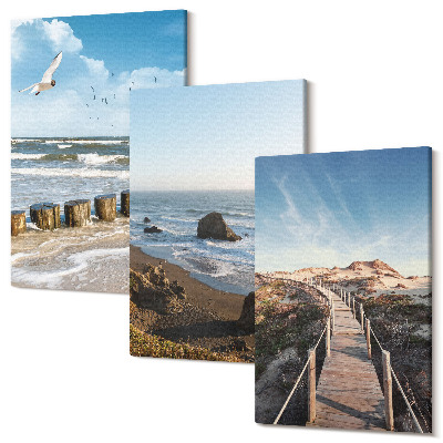 Sada obrazů triptych Pohled na pláž s vlnami, oblohou a pěším molem