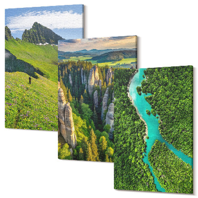 Sada 3 obrazů Zelené horské krajiny s řekou a skalami