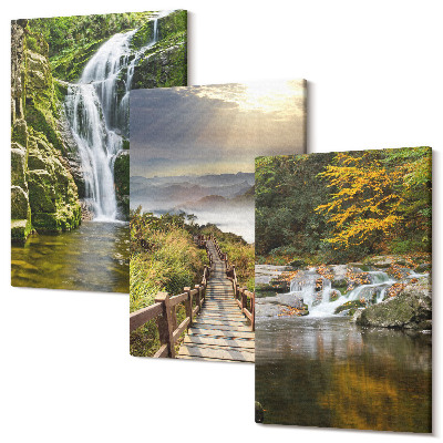 Sada 3 obrazů Vodopády, hory, oblačné cesty a podzimní výhledy