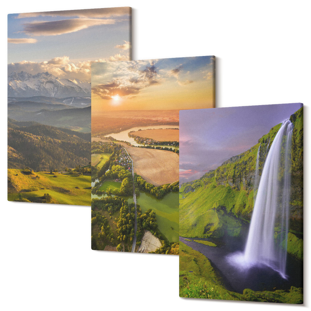 Sada obrazů na zeď triptych Pohledy na horskou řeku a vodopád v přírodě