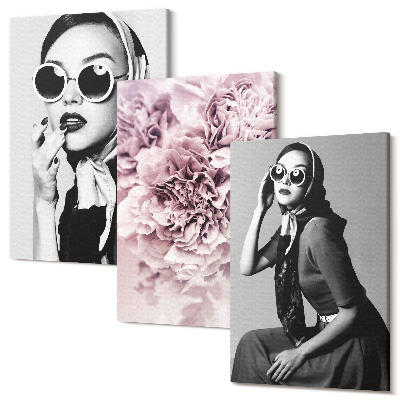 Sada obrazů na zeď triptych Stylové portréty žen s růžovými květy