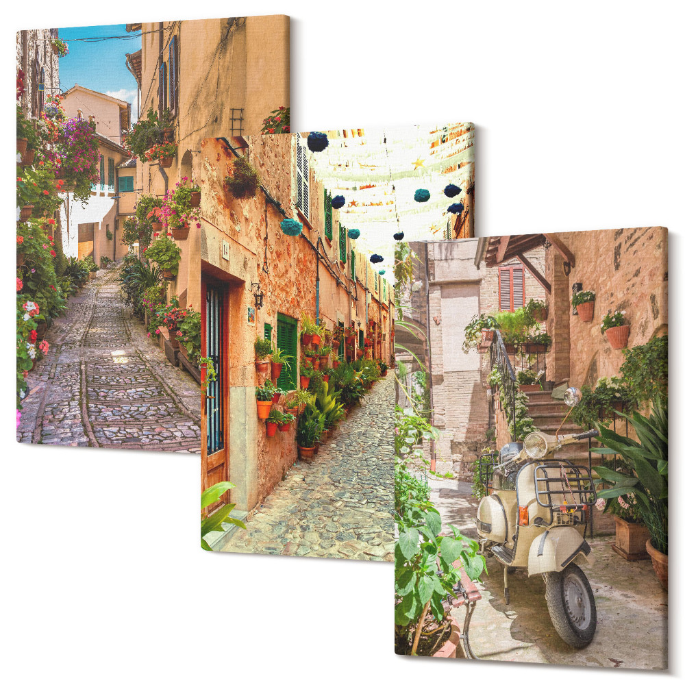 Sada obrazů triptych Okouzlující uličky s květinami v italské atmosféře