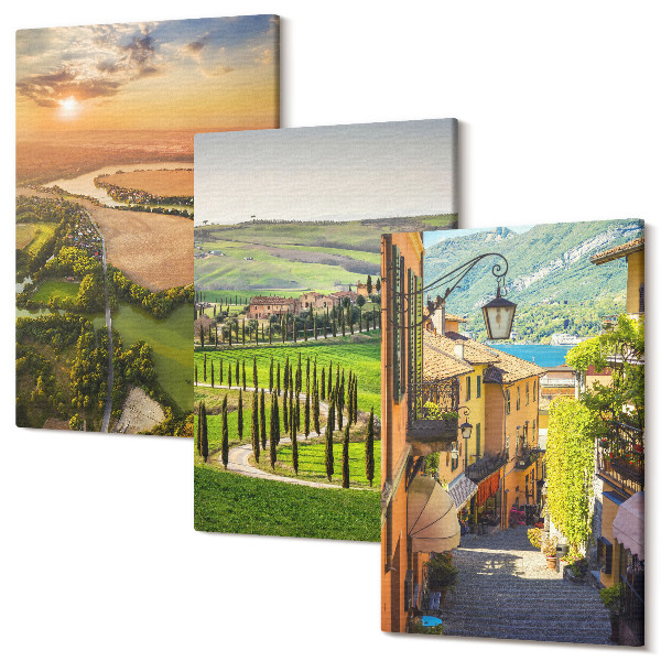 Sada obrazů triptych Italské krajiny s řekou, kopci a městskou ulicí