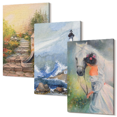 Sada 3 obrazů Přírodní scenérie maják a dívka s koněm