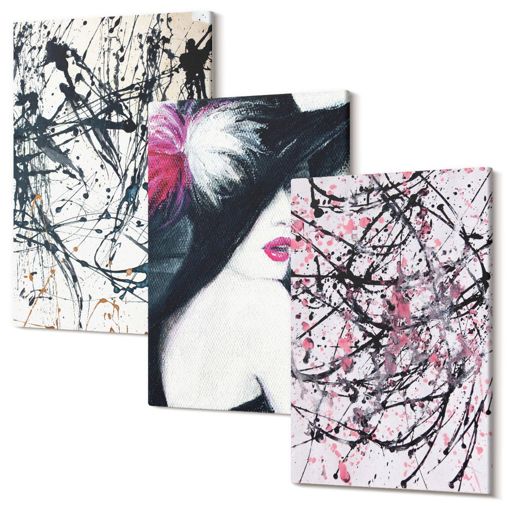 Sada obrazů na zeď triptych Abstraktní malba vzory žena v klobouku