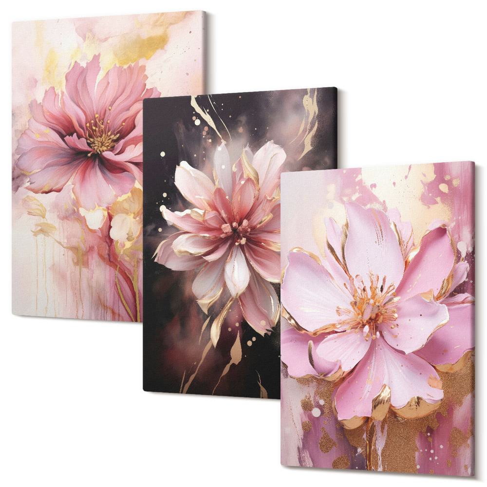Sada 3 obrazů Květinové kompozice v odstínech růžové a bílé