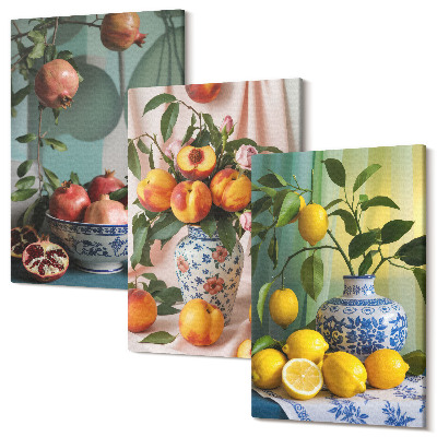 Sada obrazů na zeď triptych Granátová jablka, broskve a citrony ve vázách