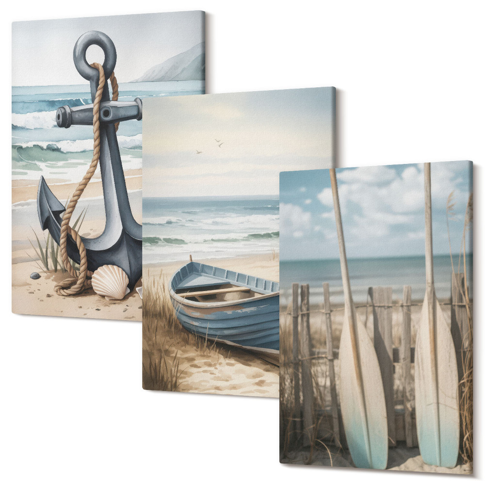 Sada 3 obrazů Lodní kotva a vesla na pláži s mořem