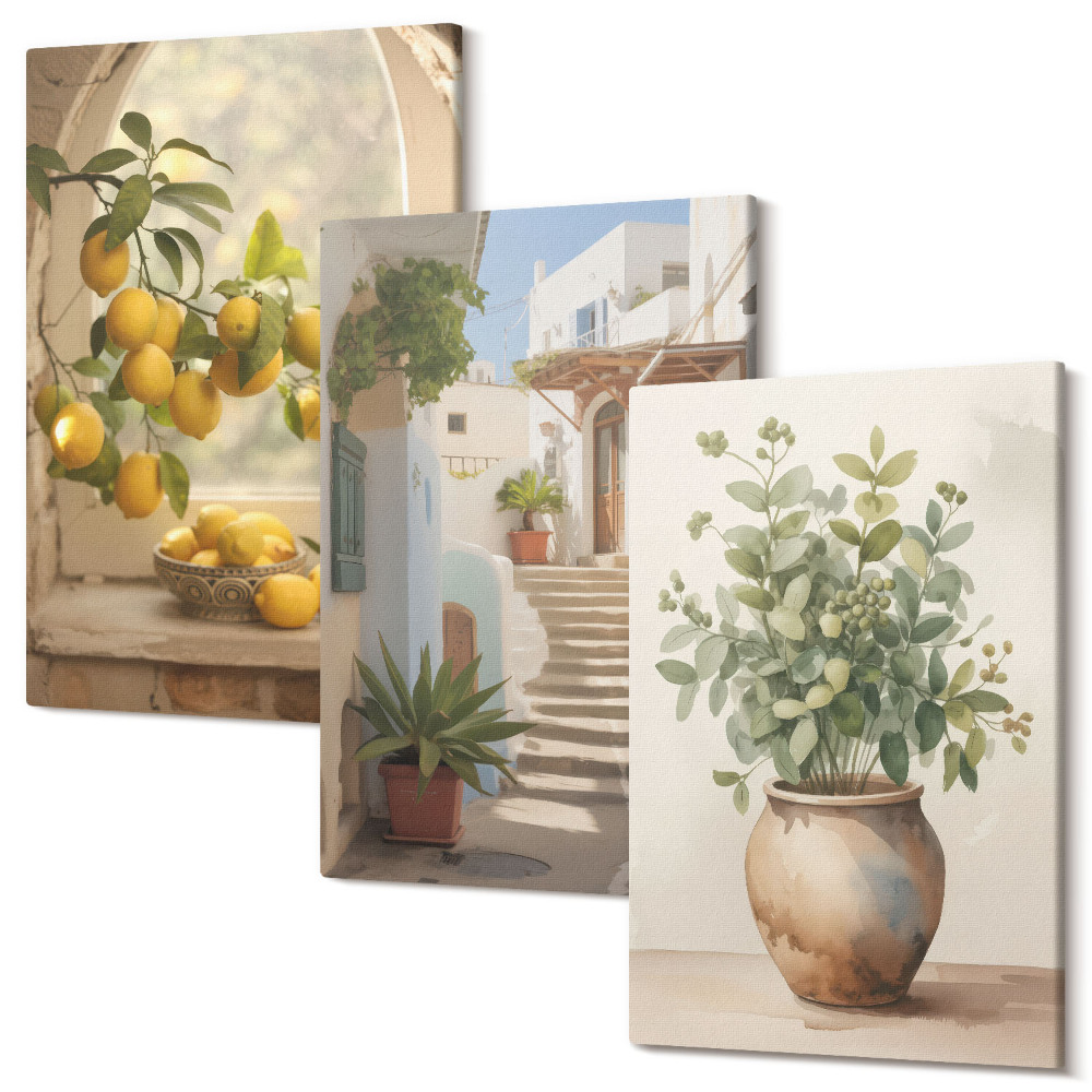 Sada obrazů triptych Citrony ve váze a rostliny v bílé architektuře