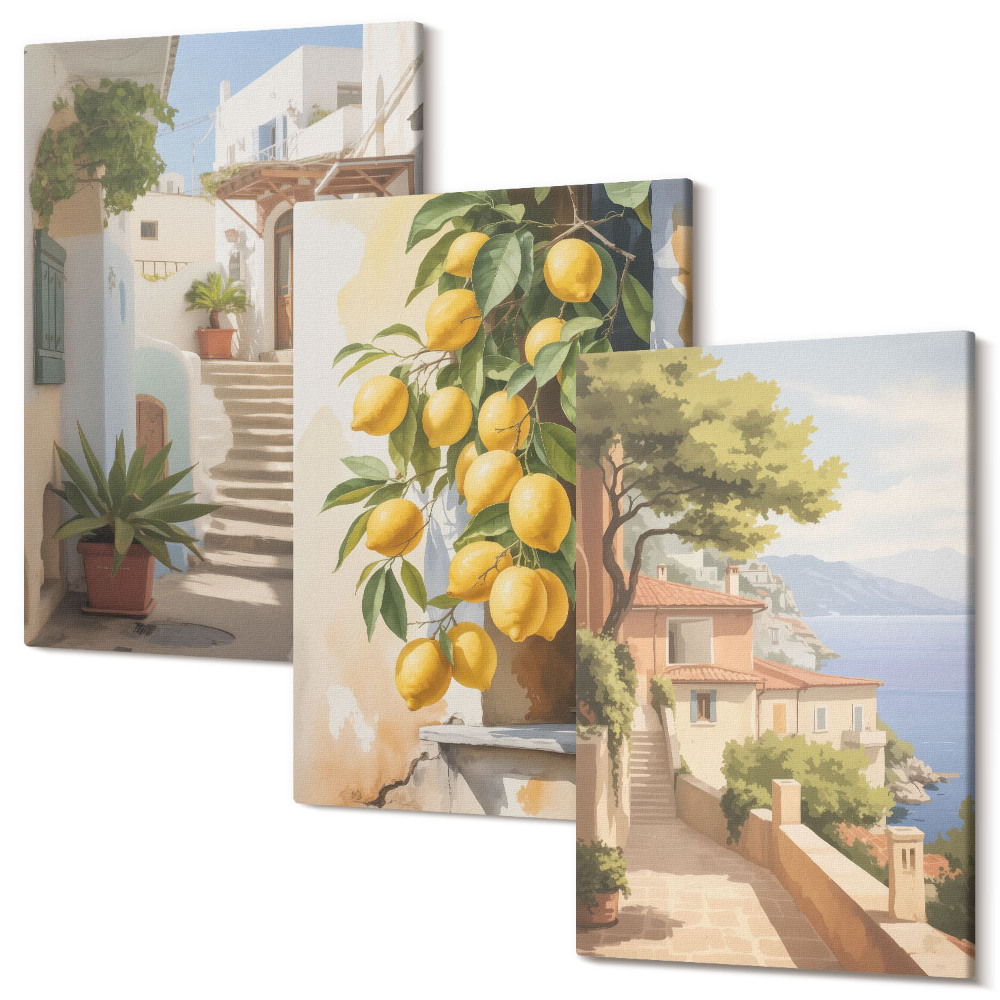 Sada 3 obrazů Okouzlující uličky s citrony a výhledem na moře