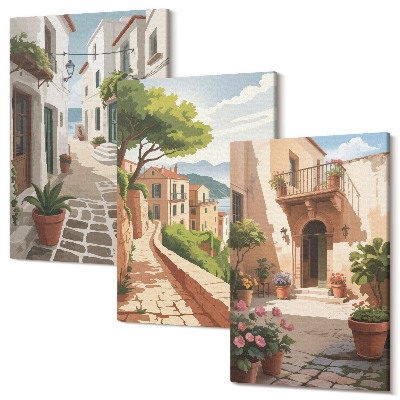 Sada obrazů na zeď triptych Malebné uličky s domy a rostlinami v květináčích