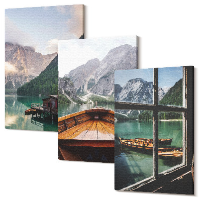 Sada 3 obrazů Horské jezero s lodí a dřevěnými domy