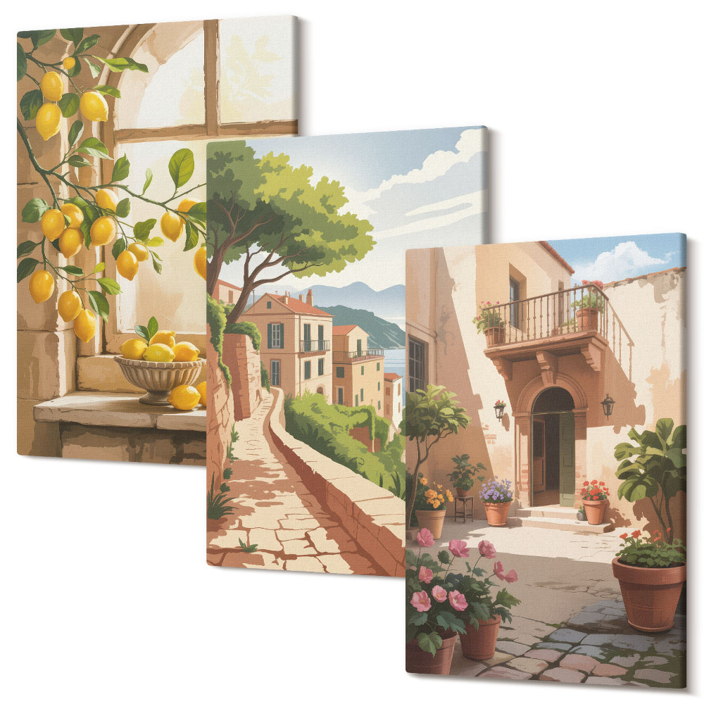 Sada obrazů triptych Citrusové plody v kuchyni s výhledem na moře a okouzlující město