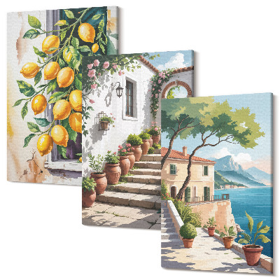 Sada 3 obrazů Citrony na pozadí květin a výhledem na moře