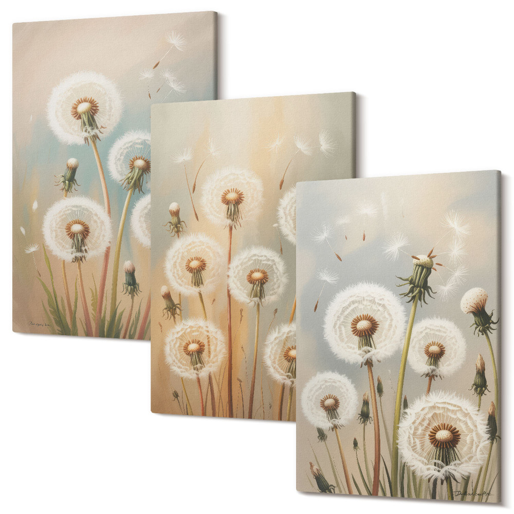 Sada obrazů na zeď triptych Pampeliška květiny na pozadí pastelových barev