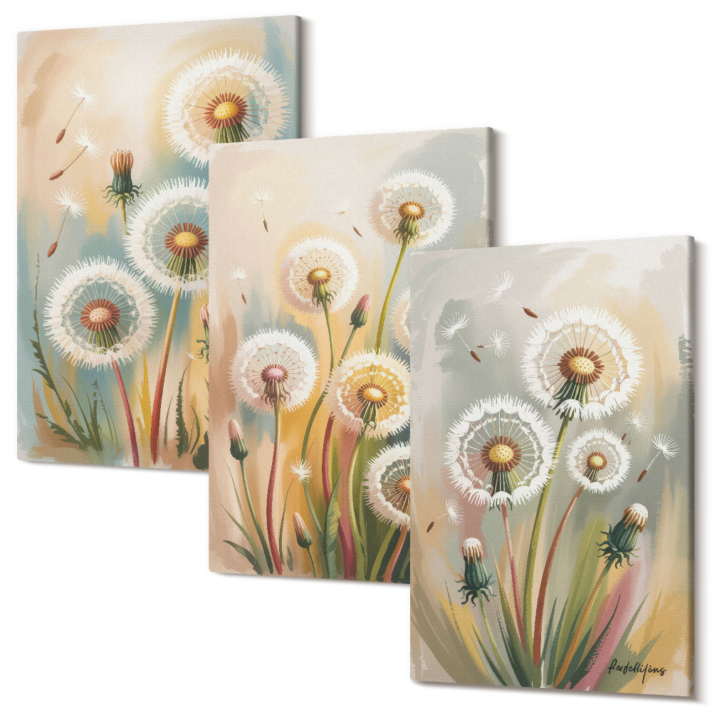 Sada 3 obrazů Pampeliška květiny na pozadí pastelových trav