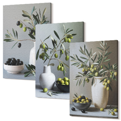 Sada obrazů triptych Olivy ve vázách na pozadí tlumených barev