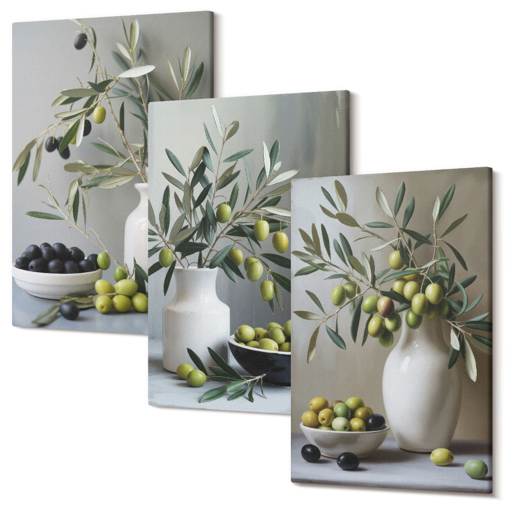 Sada obrazů na zeď triptych Olivy ve vázách s větvemi na šedém pozadí