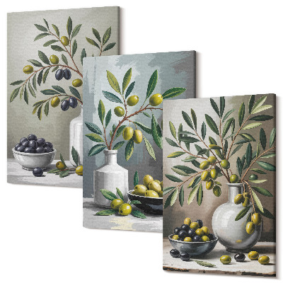 Sada 3 obrazů Olivy v keramických miskách na šedém pozadí