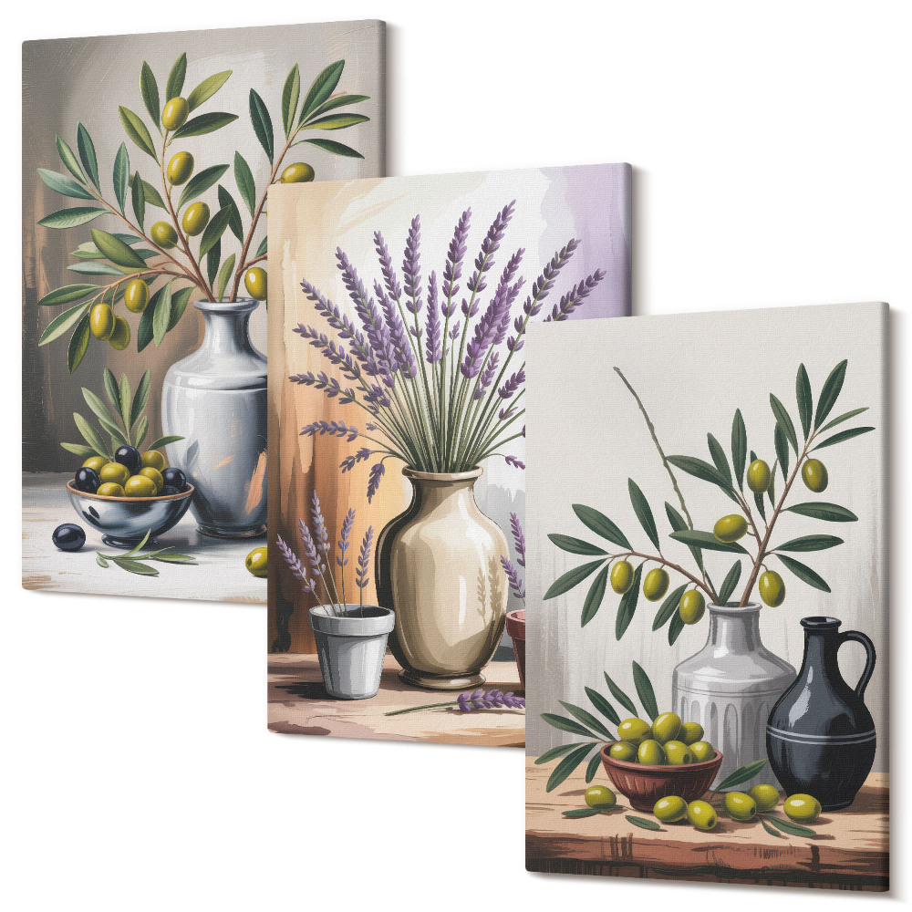 Sada obrazů triptych Květiny a olivy ve vázách na světlém pozadí