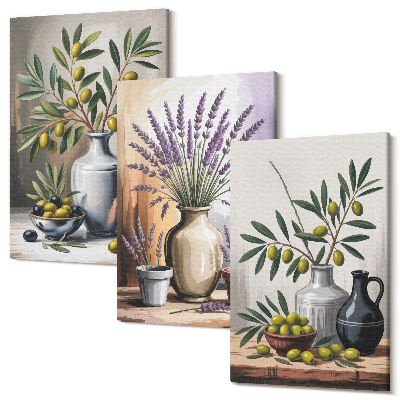 Sada obrazů triptych Květiny a olivy ve vázách na světlém pozadí
