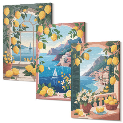 Sada obrazů na zeď triptych Okno s výhledem na moře s italskými citrony
