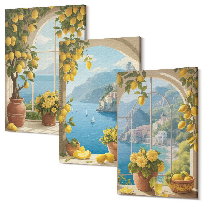 Sada 3 obrazů Mořské krajiny s italskými citrony v oknech