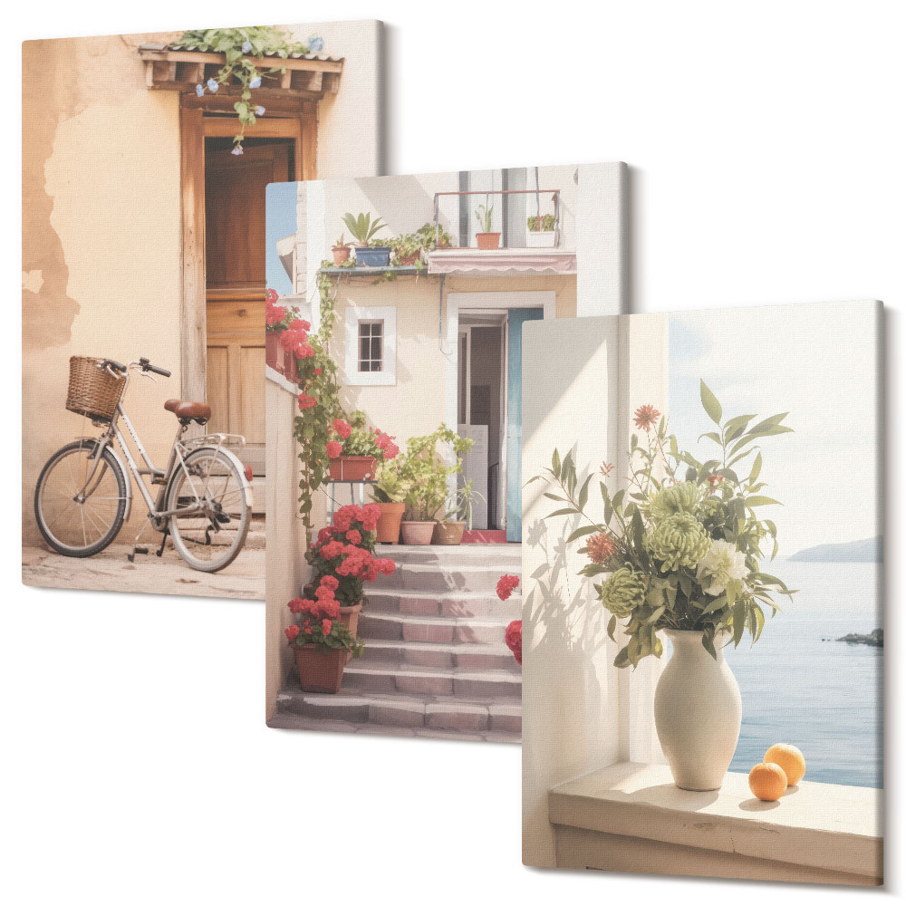 Sada 3 obrazů Okouzlující přímořské uličky s květinami a jízdními koly
