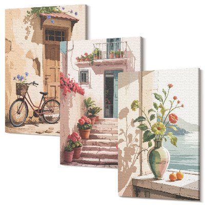 Sada obrazů triptych Malované ulice s květinami a kolo