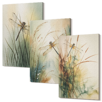Sada 3 obrazů Malované trávy s vážkami nad vodou