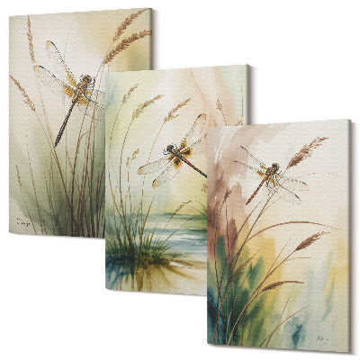 Sada obrazů triptych Vážky mezi trávou u vody v malířském stylu