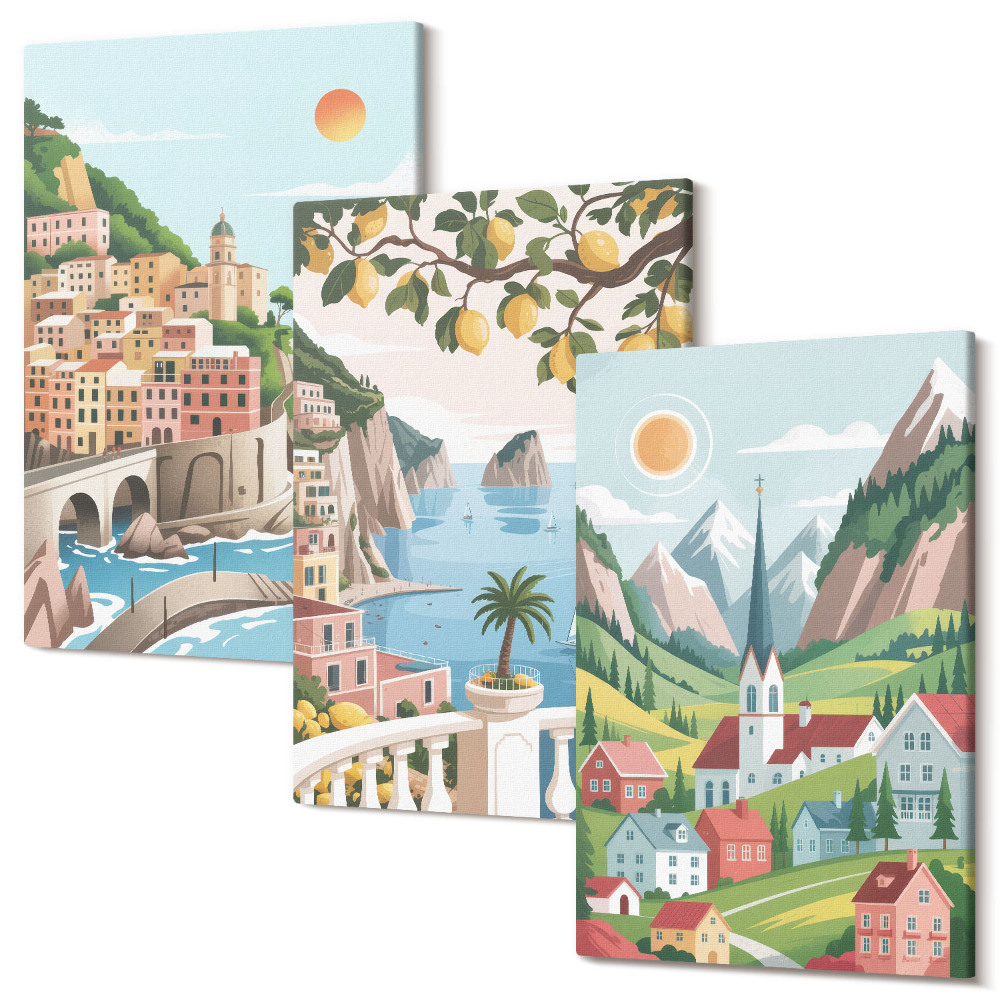 Sada obrazů na zeď triptych Malebná krajina s mořem a citrusovými plody