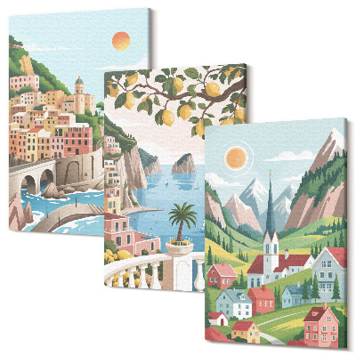 Sada obrazů na zeď triptych Malebná krajina s mořem a citrusovými plody