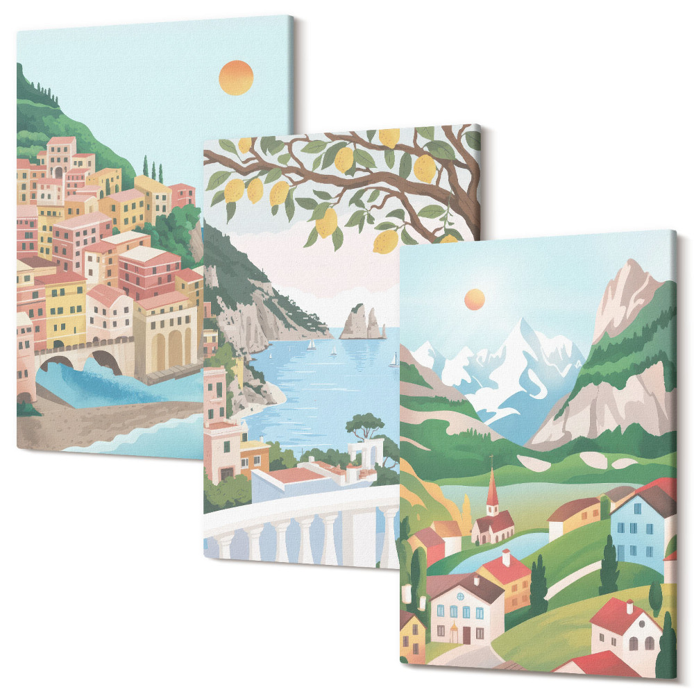 Sada 3 obrazů Výhled na moře s pastelově zbarvenými domy