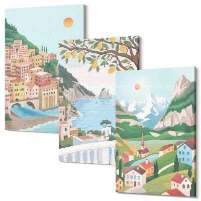Sada 3 obrazů Výhled na moře s pastelově zbarvenými domy