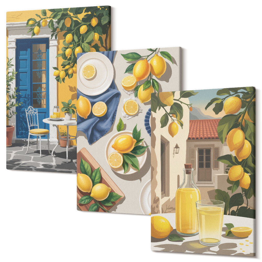 Sada obrazů triptych Citronová zahrada s citrony a nápoji na stole
