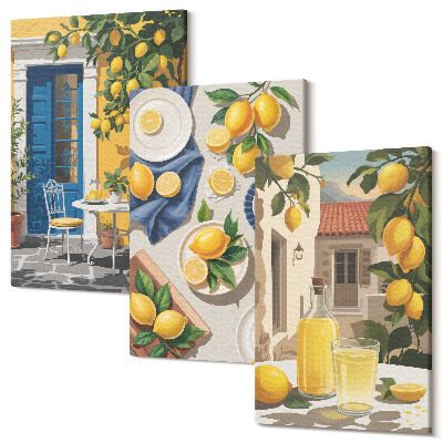Sada obrazů triptych Citronová zahrada s citrony a nápoji na stole