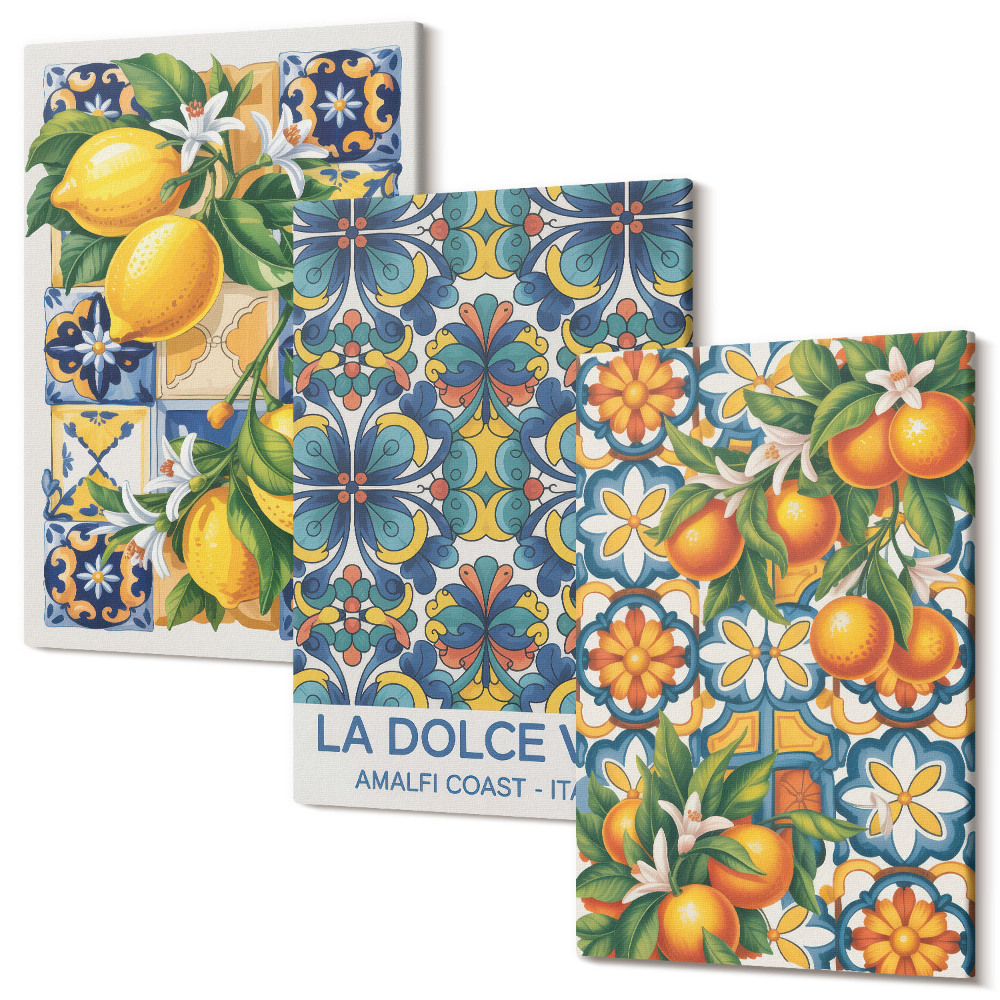 Sada obrazů na zeď triptych Citronové a pomerančové květy v barevných vzorech