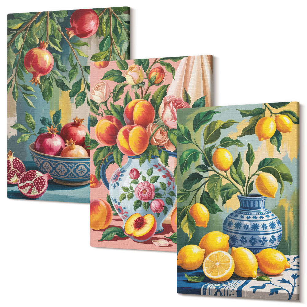 Sada obrazů triptych Ovocné kompozice s granátovými jablky, citrony a broskvemi