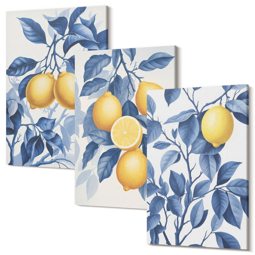 Sada obrazů na zeď triptych Citrony na větvích s modrými listy