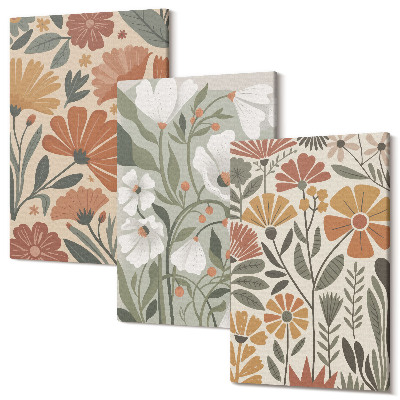 Sada 3 obrazů Květinové vzory v odstínech oranžové a zelené